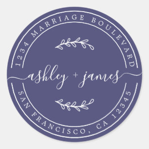 Elegant Names Navy Blue Wedding Return Address Classic Round Sticker