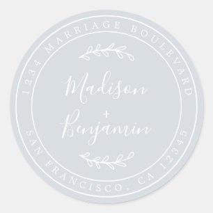 Elegant Names Pastel Blue Wedding Return Address Classic Round Sticker