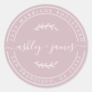 Elegant Names Pastel Purple Wedding Return Address Classic Round Sticker