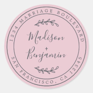 Elegant Names Pink Wedding Return Address Classic Round Sticker