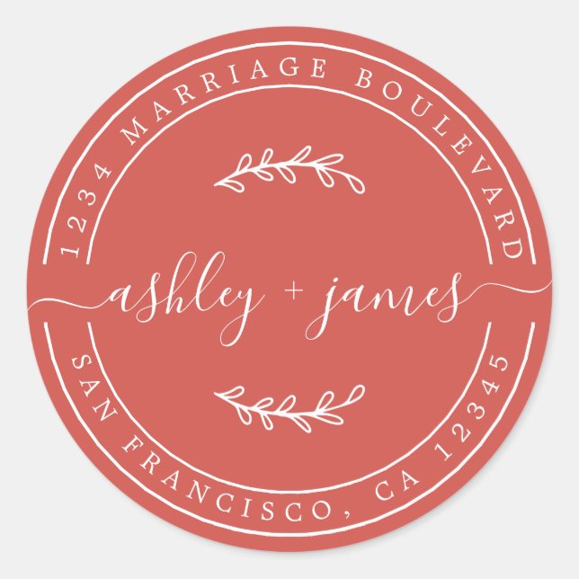 Elegant Names Red Wedding Return Address Classic Round Sticker (Front)