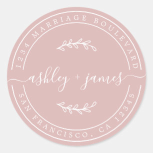 Elegant Names Silver Pink Wedding Return Address Classic Round Sticker