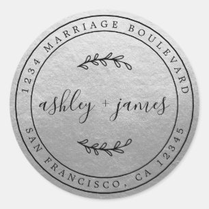 Elegant Names Silver Wedding Return Address Classic Round Sticker