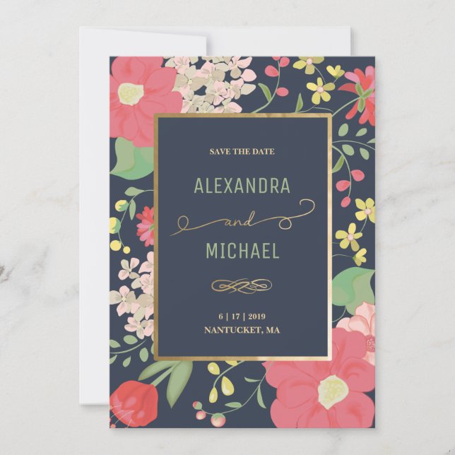 Elegant Nantucket Floral Navy Save The Date (Front)