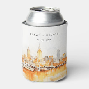 Elegant Nashville City Skyline Watercolor Wedding Can Cooler