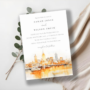 Elegant Nashville City Skyline Watercolor Wedding Invitation