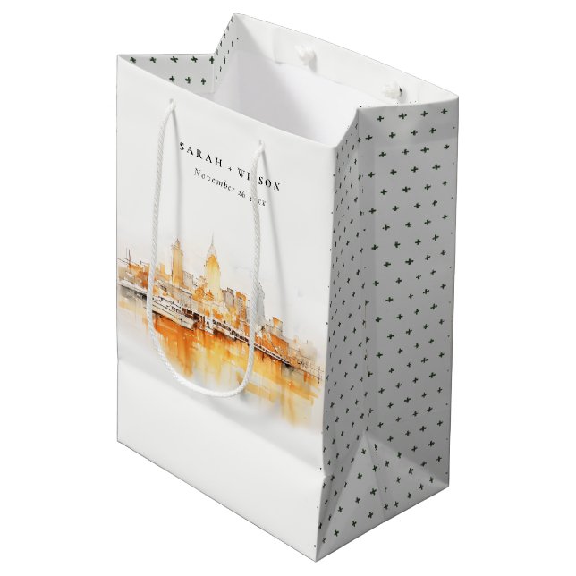 Elegant Nashville City Skyline Watercolor Wedding Medium Gift Bag (Front Angled)