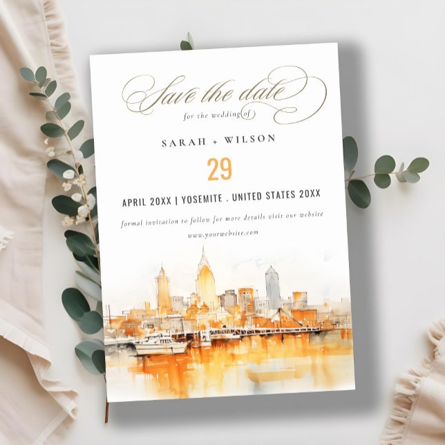 Elegant Nashville City Skyline Watercolor Wedding Save The Date (Creator Uploaded)