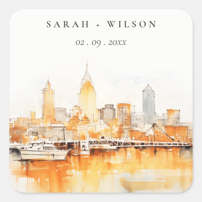 Elegant Nashville City Skyline Watercolor Wedding Square Sticker (Front)