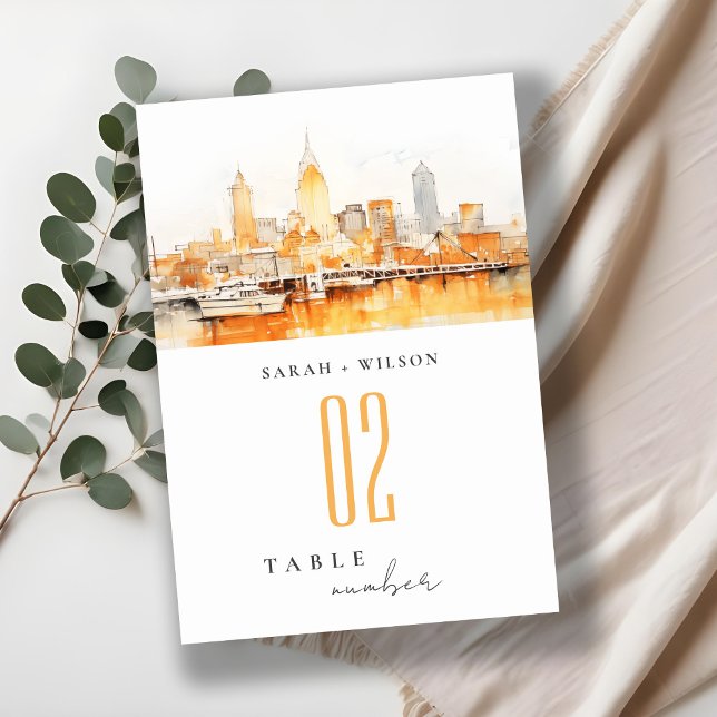Elegant Nashville City Skyline Watercolor Wedding Table Number (Creator Uploaded)