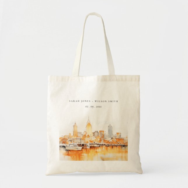 Elegant Nashville City Skyline Watercolor Wedding Tote Bag (Front)