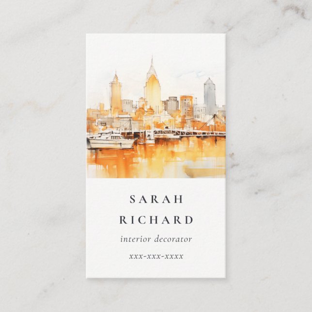 Elegant Nashville Tennessee Skyline Watercolor Business Card (Front)