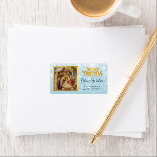 Elegant Nativity & Blue Snowflake Christmas Label