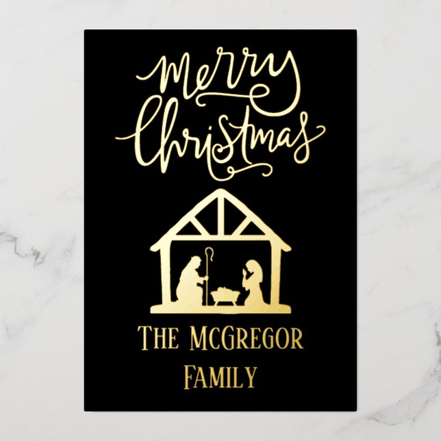 Elegant Nativity Christmas Family Name Foil Holiday Card (Front)