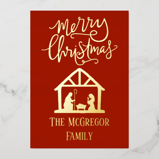 Elegant Nativity Christmas Family Name Foil Holiday Card (Front)