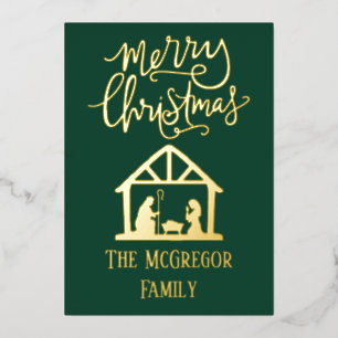 Elegant Nativity Christmas Family Name Green Foil Holiday Card