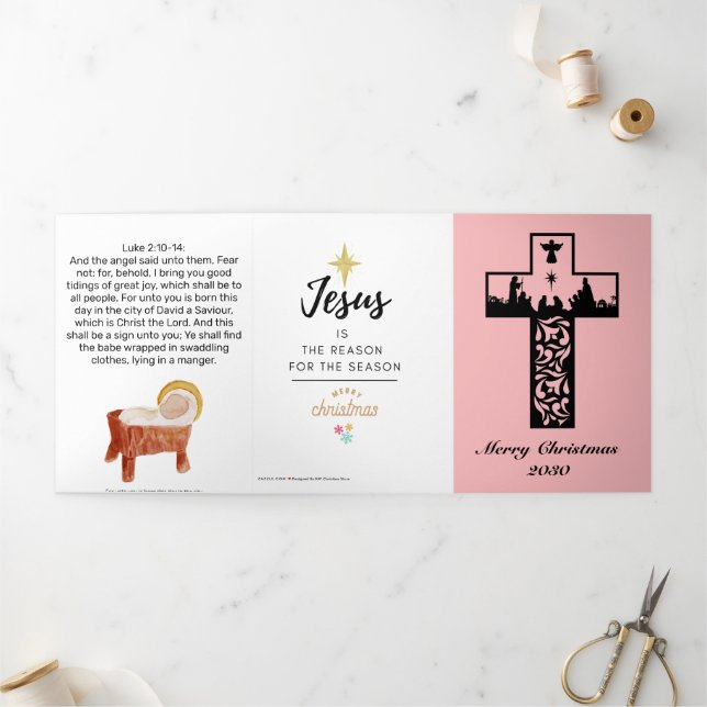 Elegant Nativity Scene Pink Cross Church Christmas Tri-Fold Holiday Card (Outside)