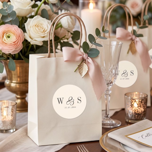 Elegant natural cream initial wedding couples classic round sticker (Creator Uploaded)