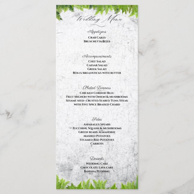 Elegant Natural Ferns Romantic Leaves Wedding Menu (Front)