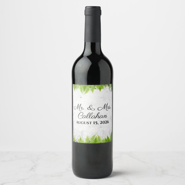 Elegant Natural Ferns Romantic Leaves Wedding Wine Label (Front)