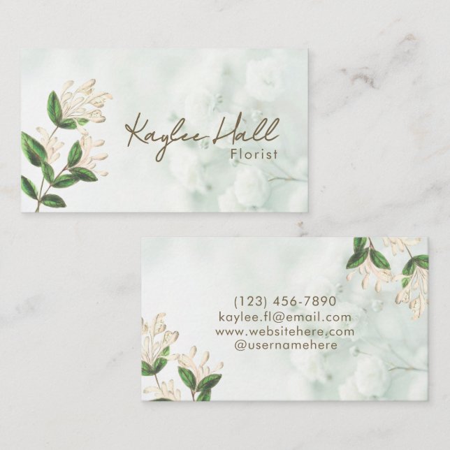 Elegant Natural Flower White Green Soft Watercolor Business Card (Front/Back)