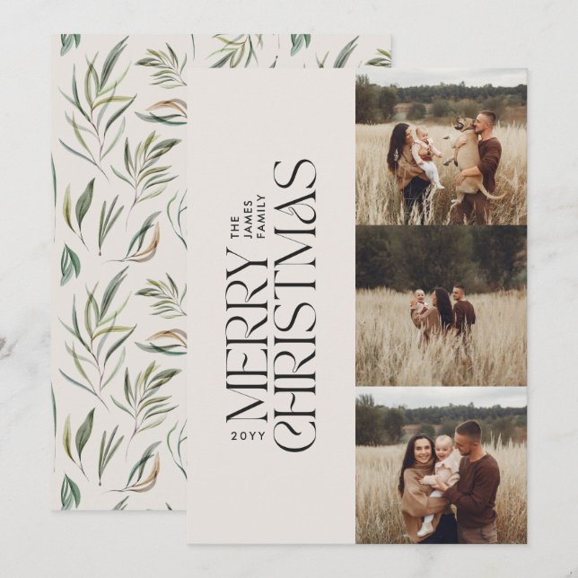 Elegant natural foliage modern minimal multi photo holiday card (Front/Back)
