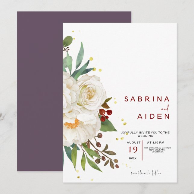 Elegant Natural White Rose Peony Floral Wedding Invitation (Front/Back)
