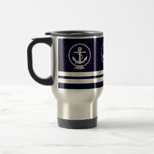 Elegant Nautical Anchor and Stripe Pattern Travel Mug