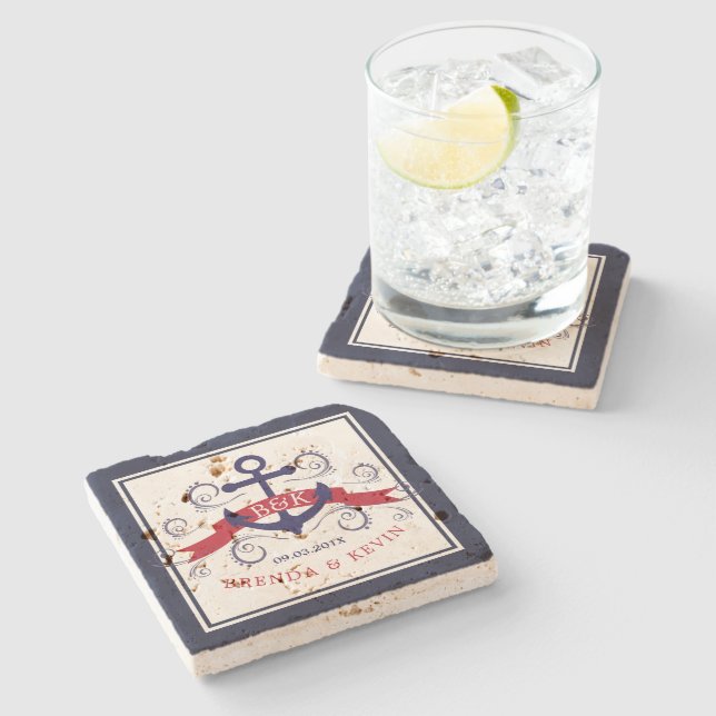 Elegant nautical anchor blue swirls accent stone coaster (Side)
