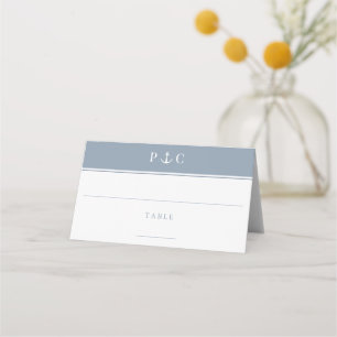 Elegant Nautical Anchor Monogram Dusty Blue Place Card