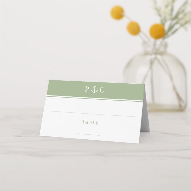 Elegant Nautical Anchor Monogram Sage Green Place Card (Front)