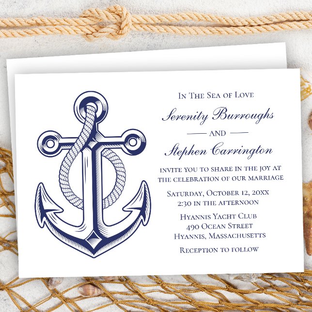 Elegant Nautical Anchor Navy Blue Summer Wedding Invitation (Creator Uploaded)