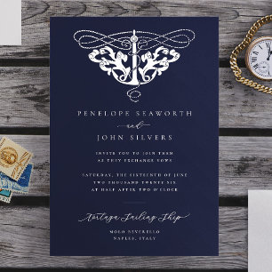 Elegant Nautical Anchor Navy Blue Wedding Invitation
