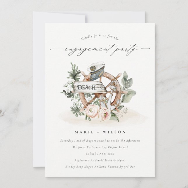Elegant Nautical Anchor Wheel Floral Engagement Invitation (Front)