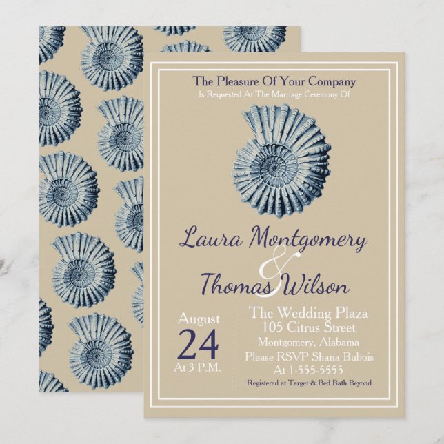 Elegant Nautical Beach Blue Seashell Wedding Invitation (Front/Back)