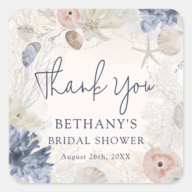 Elegant Nautical Beach Bridal Shower Thank You Square Sticker (Front)