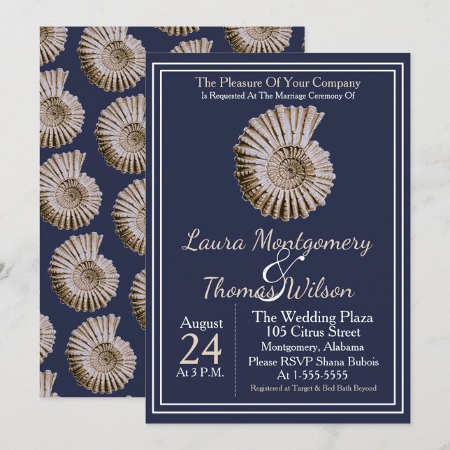 Elegant Nautical Beach Tan Seashell Wedding Invitation (Front/Back)