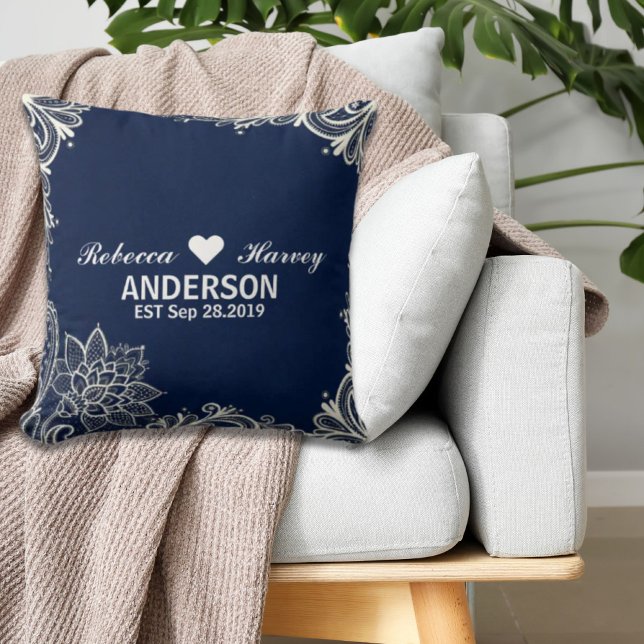 elegant nautical beach white lace navy blue cushion (elegant nautical beach white lace navy blue throw pillow)