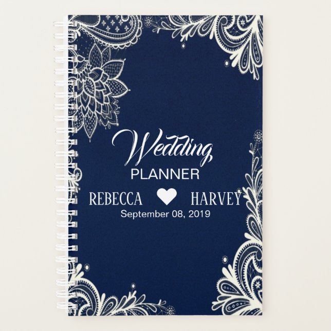 elegant nautical beach white lace navy blue planner (Front)
