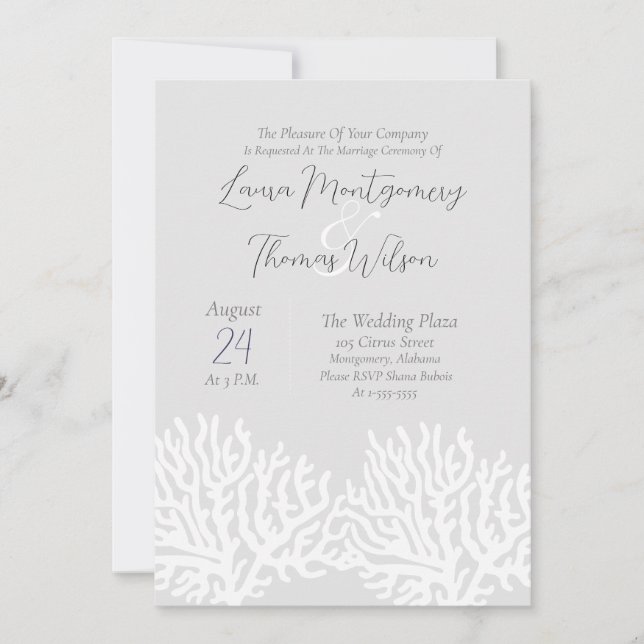 Elegant Nautical Beach White Sea Coral Wedding Invitation (Front)