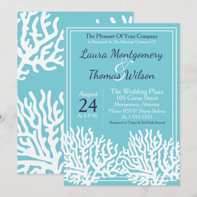 Elegant Nautical Beach White Sea Coral Wedding Invitation (Front/Back)