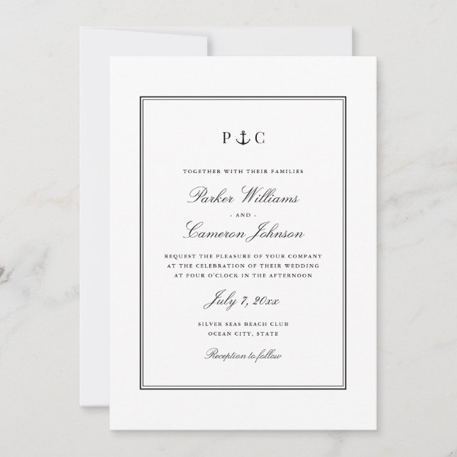 Elegant Nautical Black and White Anchor Wedding Invitation (Front)
