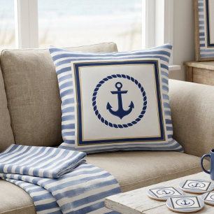 Elegant Nautical Blue Anchor and Light Blue Stripe Cushion