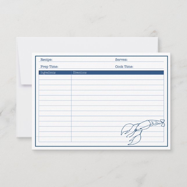 Elegant Nautical Blue Lobster  Seafood Recipe Card (Front)
