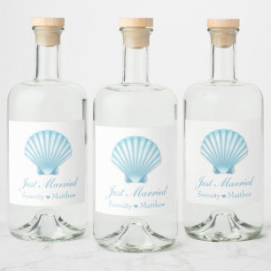  Elegant Nautical Blue Shell Just Married Wedding Liquor Bottle Label