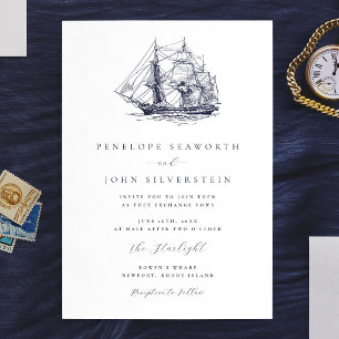 Elegant Nautical Boat Illustration Wedding Invitation
