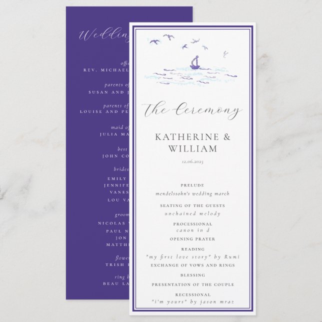 Elegant Nautical Boat Waves Navy Frame Wedding Programme (Front/Back)