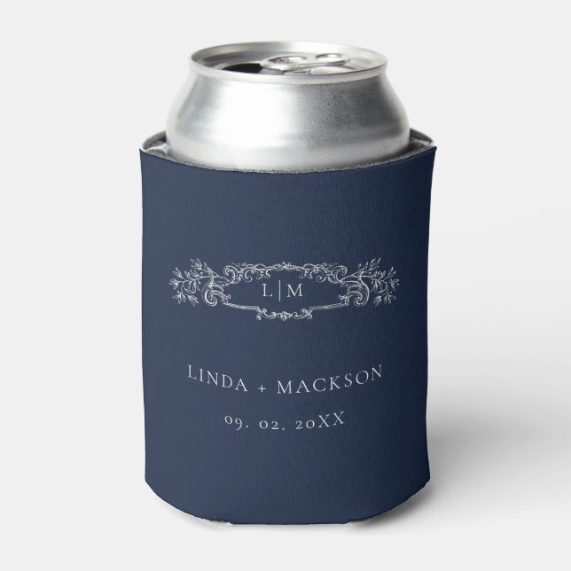 Elegant Nautical  botanical crest monogram wedding Can Cooler (Can Front)