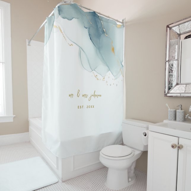 Elegant Nautical Dusty Blue Gold Couple Wedding Shower Curtain (In Situ)