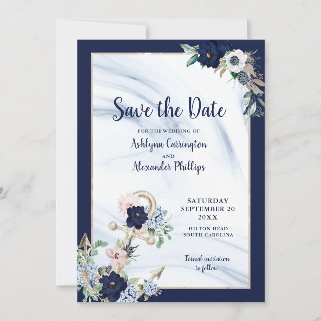 Elegant Nautical Floral Anchor Navy Blue Blush Save The Date (Front)